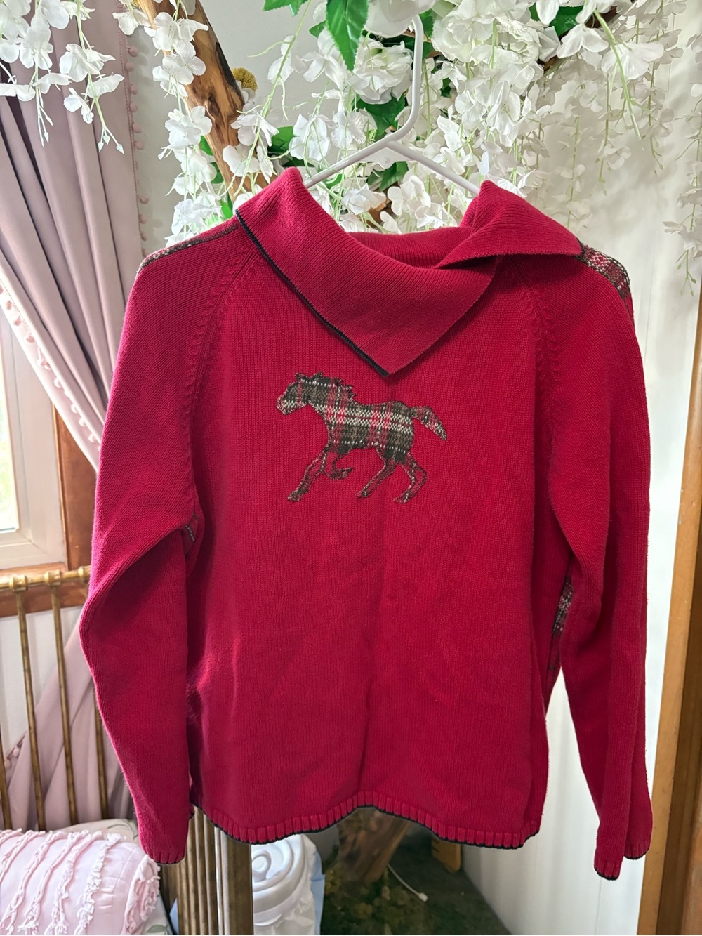 Vintage Red Cowlneck Sweater with Plaid Horse 🐴 ♥️